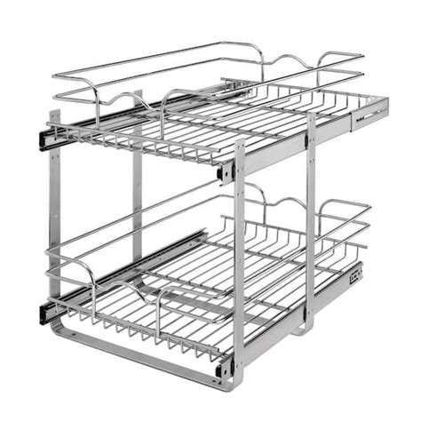 rev-a-shelf silver steel 2-tier cabinet pull out wire baskets|2 tier pull out shelf basket.